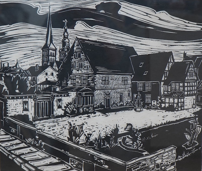 German School, woodblock print, Townscape, signed and dated '77, limited edition 14/20, 43 x 50cm. Condition - good